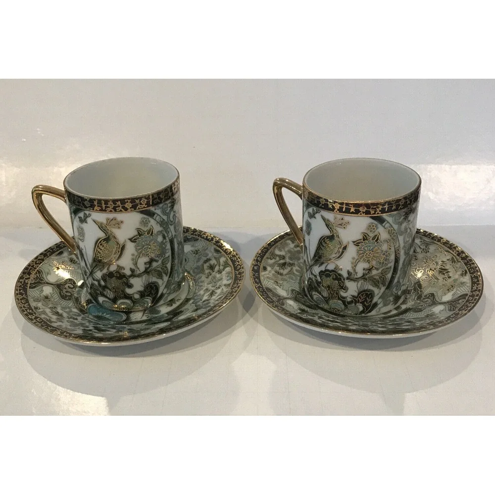 Lot of 2 Vintage‎ Porcelain Japanese Green and Gold Peacock Demitasse Tea Cups